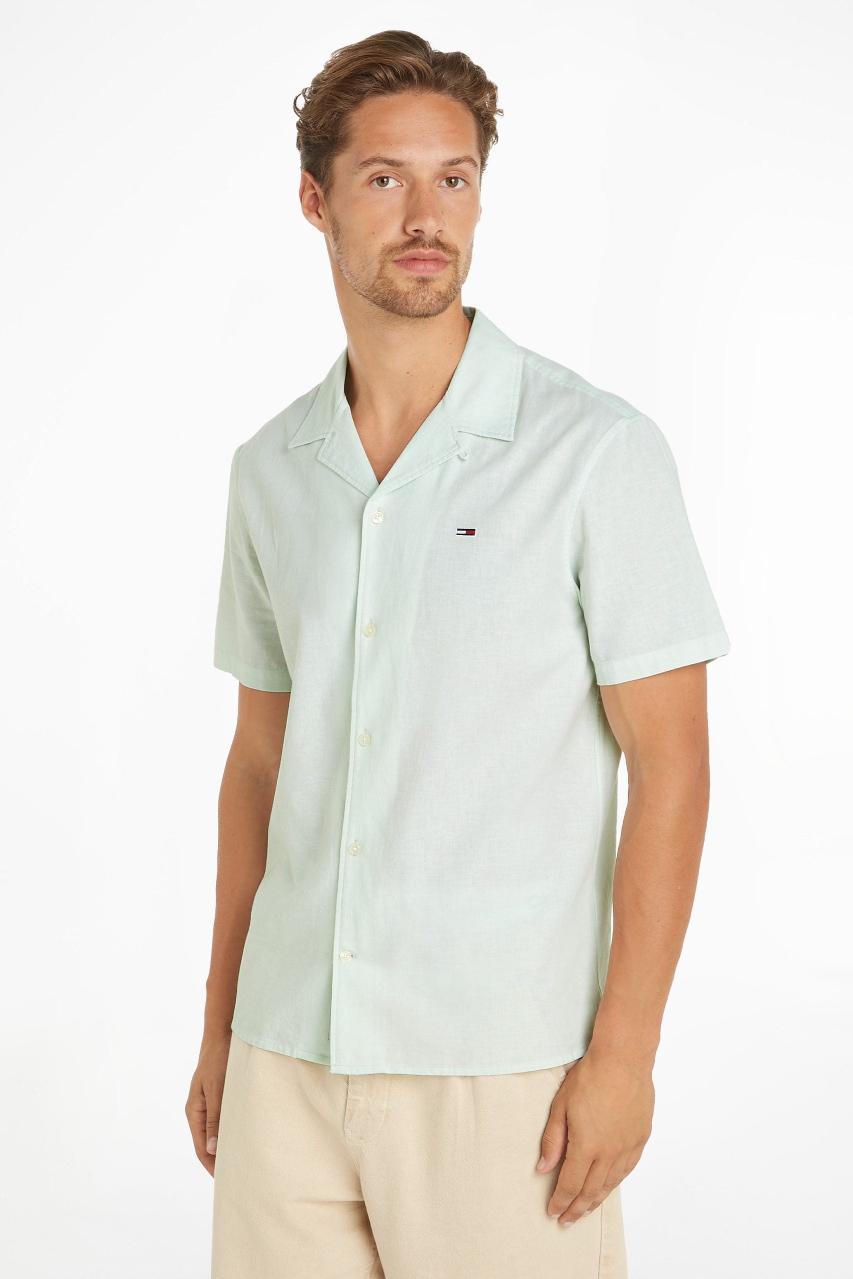 Tommy Jeans Linen Blend Short Sleeve Camp Shirt